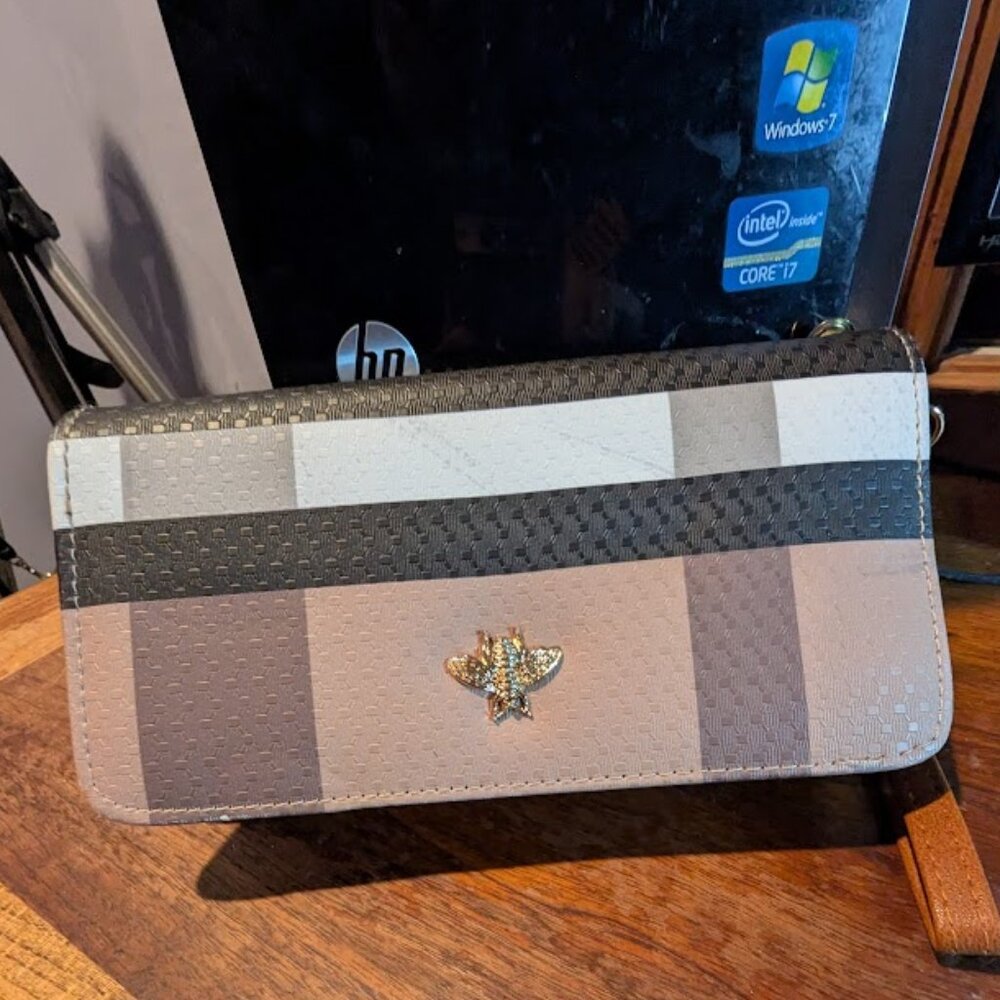 Ladies Clutch Gold Colored Bee Insignia On Mondrian Style Print